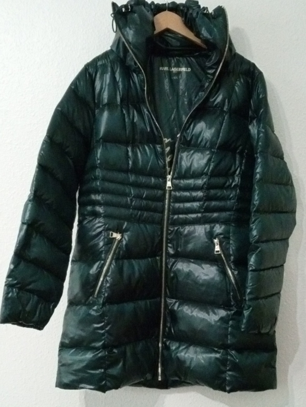 Karl Lagerfeld Women's Dark Green Puffer Coat with Hood